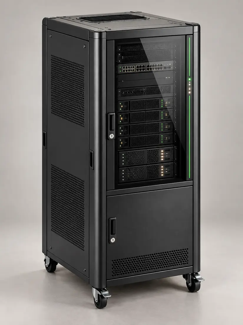 MEC-24-NA 24U Edge AI power cabinet with server equipment and lower power compartment